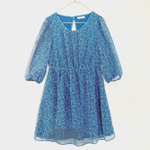 Tulle Blue White Floral Summer Waist Tie 3/4 Sleeve Boho Midi Dress P4132